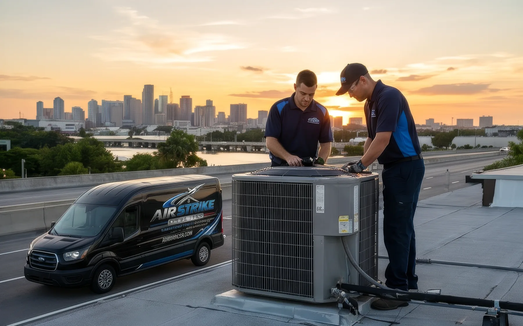 Branded Air Strike Cooling service visual showing residential AC work and a service van