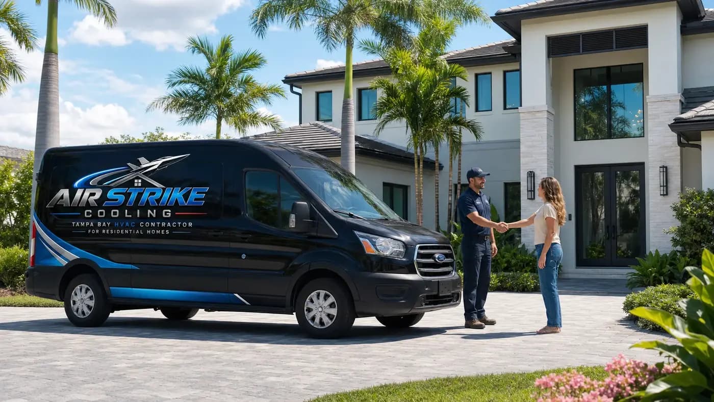 Illustrative Air Strike Cooling service van scene at a Tampa-style home